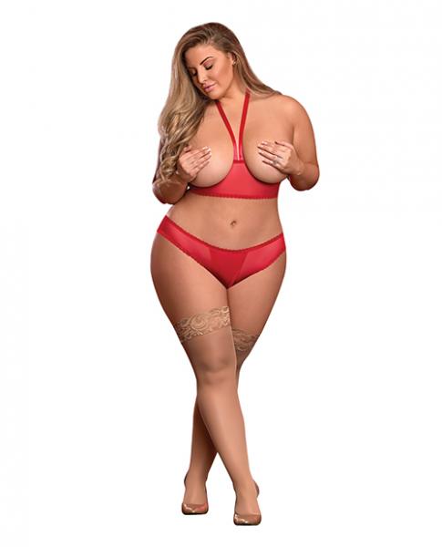 Risqué Business Cupless Bra & Crotchless Panty Red Qn