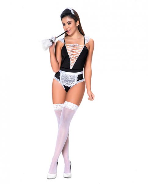 3 Pc French Maid Bodysuit, Apron & Head Piece Black/white M/l