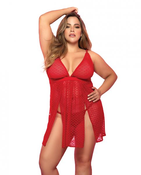 Mesh Printed Babydoll W/g-string Red 1x/2x