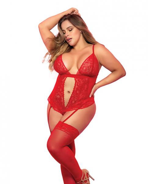 Lace & Mesh Teddy W/hook & Eye Crotch Closure W/attached Garter Straps Red 1x/2x