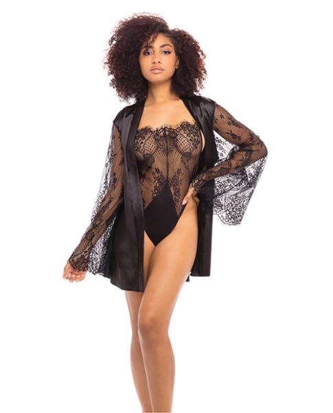 Elishia Satin Robe W/wide Eyelash Sleeves & Lace Teddy Black L/xl