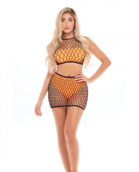 Pink Lipstick Crave You Large Fishnet Cami Top & Skirt, Bandeau Top & Panty Neon Orange O/s