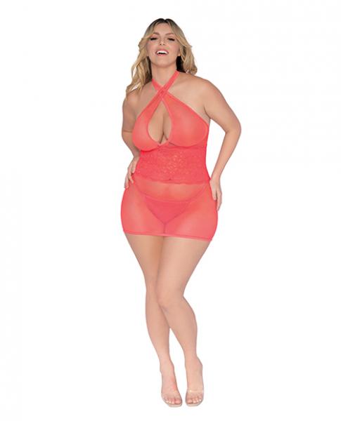 Simply Sexy Stretch Fishnet & Lace Chemise W/open Back & G-string Coral Qn