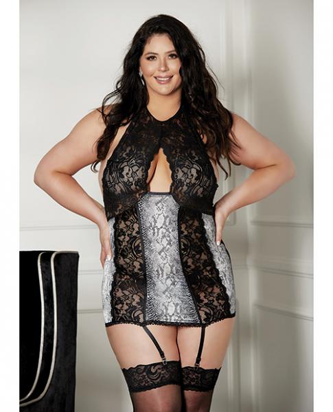 Lace Halter Neck & Snake Skin Print Gartered Chemise Black 2x