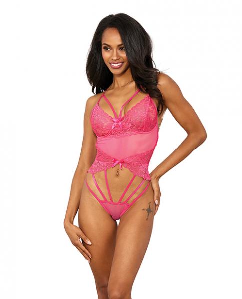 Stretch Lace W/underwire Cups & Strap Thong Detail Teddy Hot Pink Lg