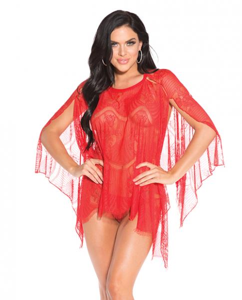 Sheer Lace Poncho with G-String Panty Red Medium