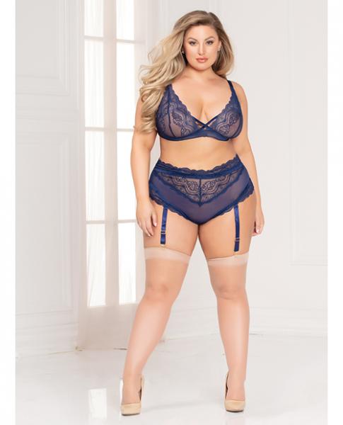 Lace Bralette & High Waist Panty W/removable Garters Blue 3x/4x