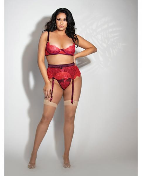 Eyelash Lace Underwire Bra, Garter Skirt & G-string Red 1x/2x