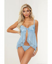 Satin Jacquard Dot Mesh Scallop Lace Babydoll & G-string Blue