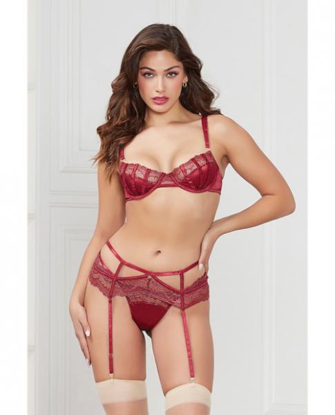 Stretch Satin & Lace Balconette Cup & Garter Panty Wine Md