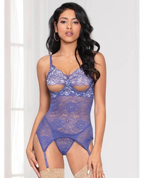 Cross Dye Lace Peek A Boo Chemise W/attached Garters & G-string Iris O/s