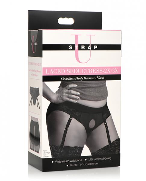 Strap U Laced Seductress Lace Crotchless Panty Harness W/garter Straps - 2xl/3xl Black