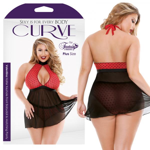 Curve Valentina Halter Keyhole Front Babydoll & Matching Panty Red/black 3x/4x