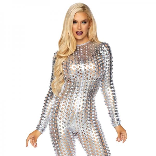 Laser-cut Metallic Catsuit Silver Medium