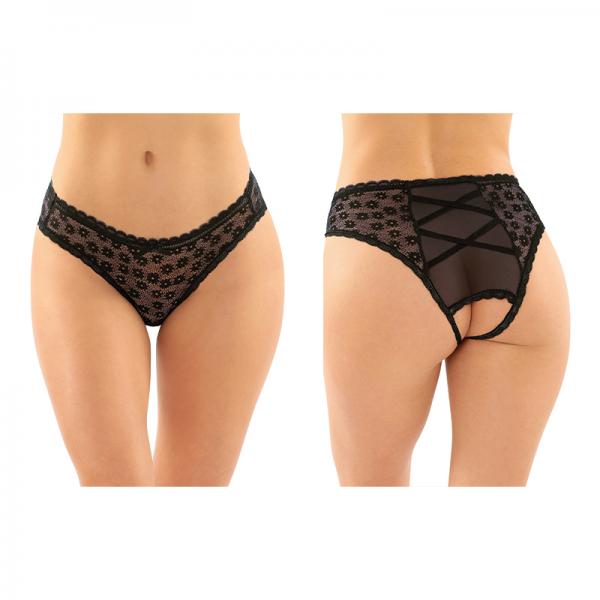 Daisy Crotchless Lace And Mesh Panty With Criss-cross Panel Back 6-pack S/m Black