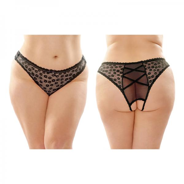 Daisy Crotchless Lace And Mesh Panty With Criss-cross Panel Back 6-pack Q/s Black