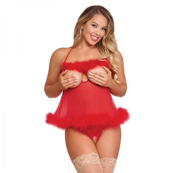 Magic Silk Marabou Cupless & Crotchless Babydoll Set Red S/m