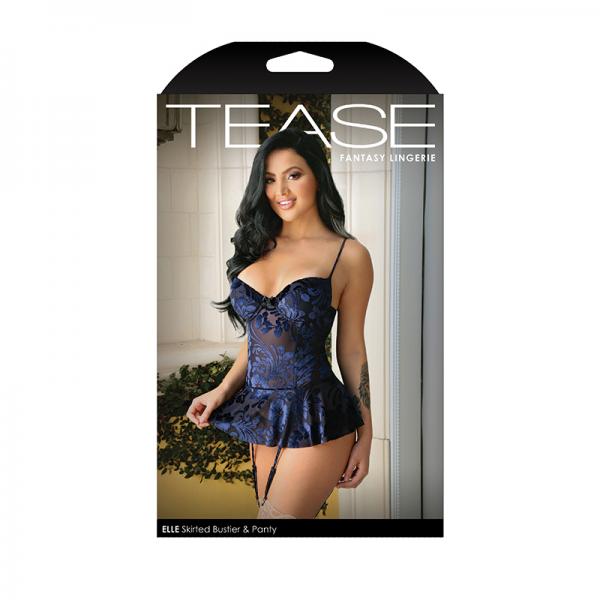 Tease Elle Floral Burnout Velvet Skirted Bustier, Matching Panty & Removable Garters Navy S/m