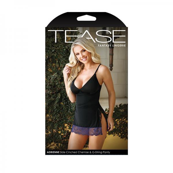 Tease Adrienne Side-cinched Microfiber Chemise With Floral Lace Trim & G-string Panty Black S/m