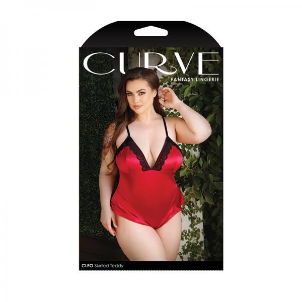 Curve Cleo Skirted Teddy With Lace Trim And Snap Closure Red 1x/2x