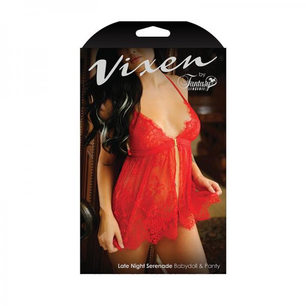 Vixen Late Night Serenade Front Clasp Lace Babydoll & Crotchless G-string Panty Red O/s