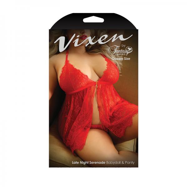 Vixen Late Night Serenade Front Clasp Lace Babydoll & Crotchless G-string Panty Red Queen