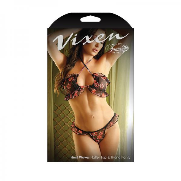 Vixen Heat Waves Floral Print Ruffled Bralette & Matching Thong Panty Black L/xl