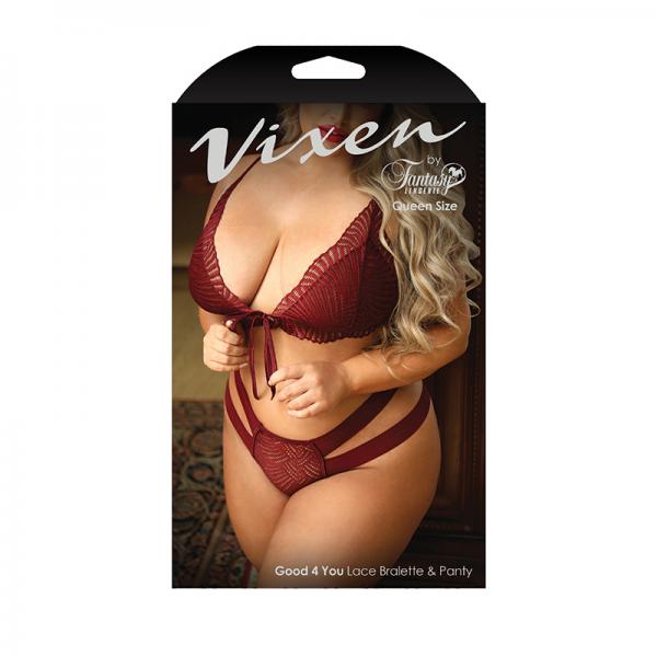 Vixen Good 4 You Lace Triangle Bralette & Matching Panty With Double-strap Waistband Burgundy Queen