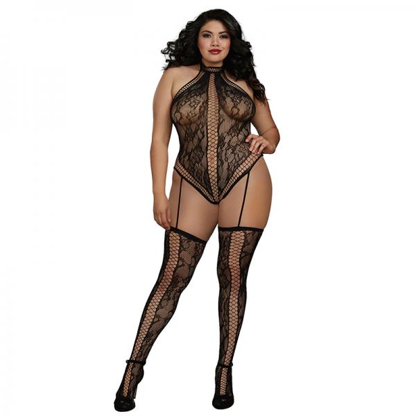 Dreamgirl Lace Teddy Bodystocking With Criss-cross Details And Halter Neckline With Snap-neck Closur