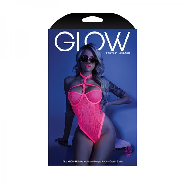 Glow All Nighter Harnessed Mesh Bodysuit Neon Pink L/xl