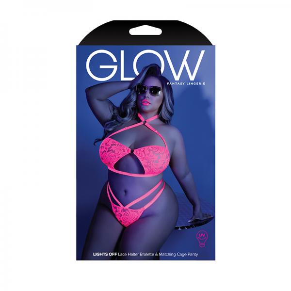 Glow Lights Off Lace Halter Bralette & Cage Panty Neon Pink Qs