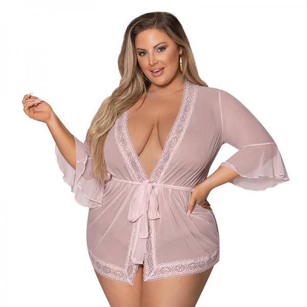 Magic Silk Seabreeze Robe W Lace Trim Blush Queen  Size