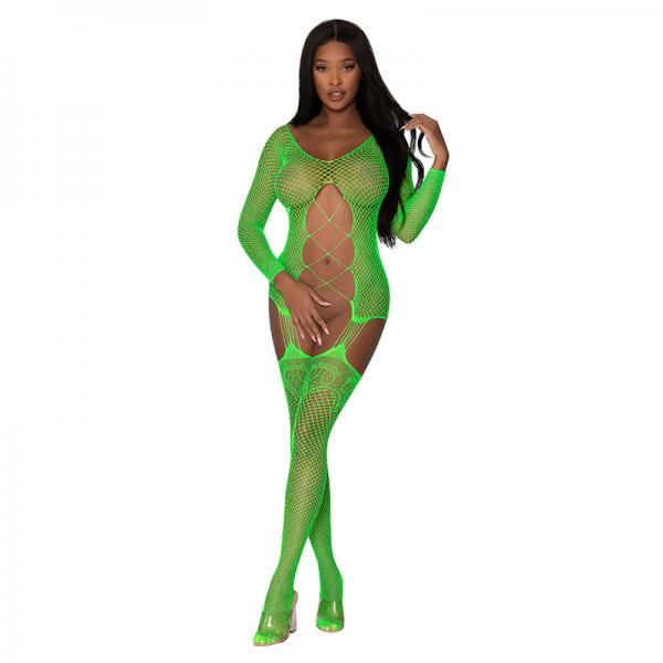 Magic Silk Seamless Fishnet Gartered Catsuit Lime Os