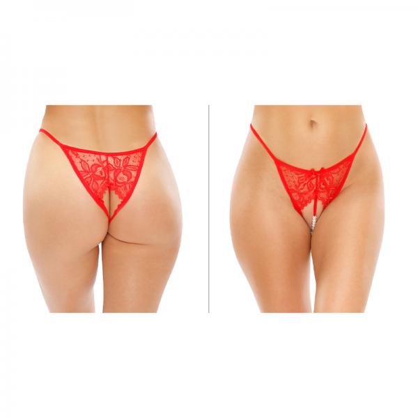 Calla Crotchless Lace Pearl Panty Red S/m