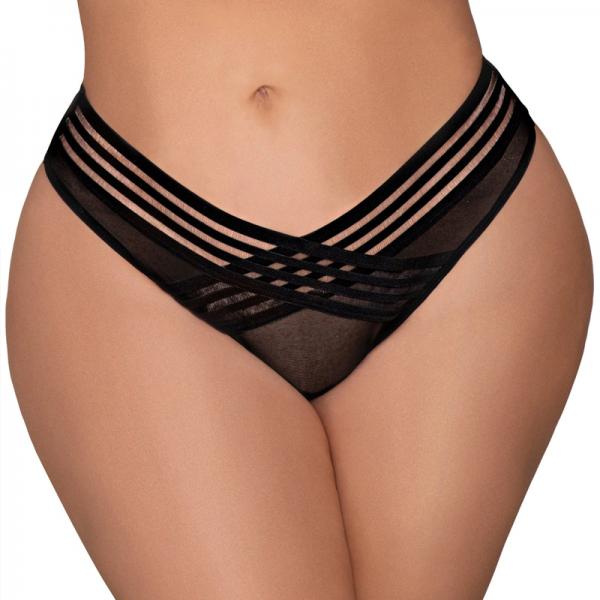 Dreamgirl Mesh Thong With Shadow Stripe Elastic Front Detail Black 3x