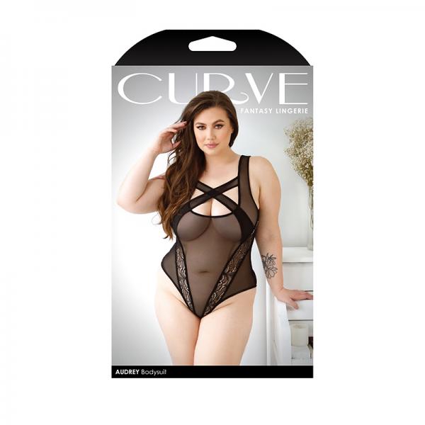 Curve Audrey Criss-cross Mesh Bodysuit With Lace Panel Detail And Snap Closure 1x/2x Black