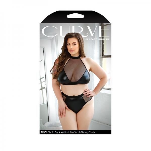 Curve Rebel Chain Back Wetlook Bra Top & Matching Thong Panty 1x/2x Black