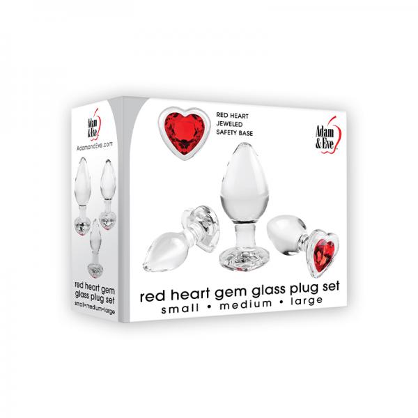 Adam & Eve Red Heart Gem Glass Plug Set Of 3 Red