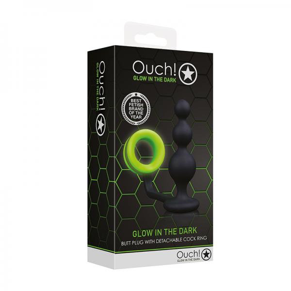 Ouch! Glow Beads Butt Plug With Cock Ring - Glow In The Dark - Green