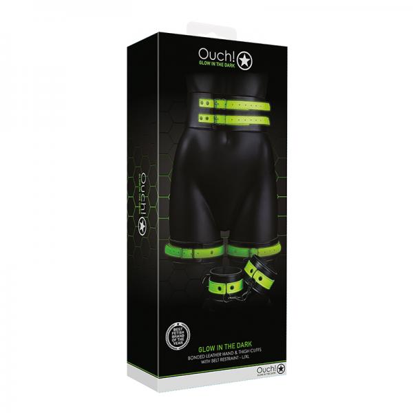 Ouch! Glow Thigh Cuffs, Hand Cuffs & Belt - Glow In The Dark - Green - L/xl