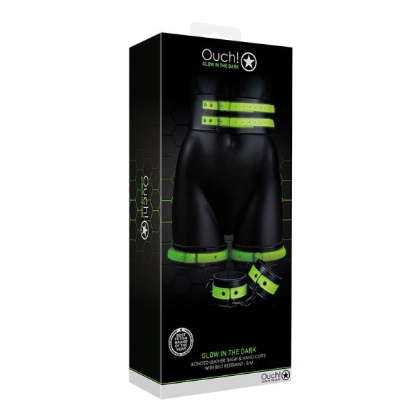 Ouch! Glow Thigh Cuffs, Hand Cuffs & Belt - Glow In The Dark - Green - S/m