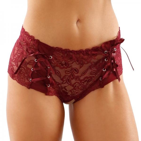 Magnolia Crotchless Lace Boyshort With Lace-up Panel Details Garnet S/m