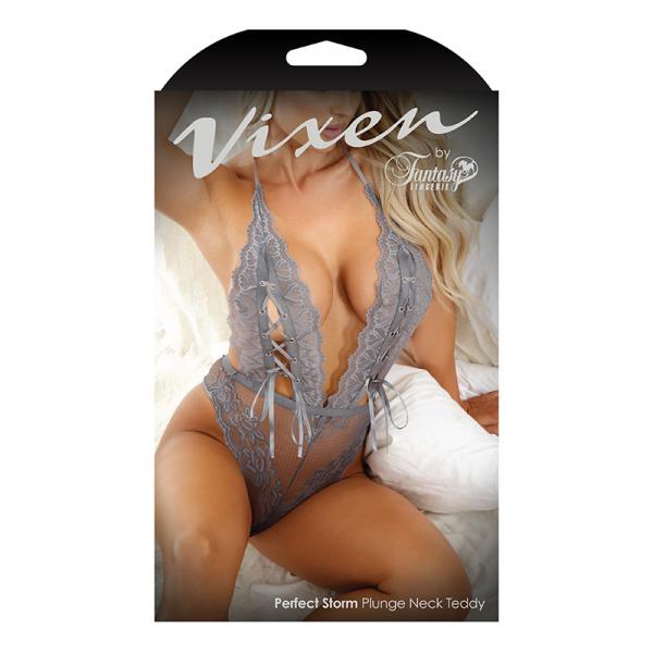 Vixen Perfect Storm Lace Plunge Teddy With Lace-up Detail Gray O/s