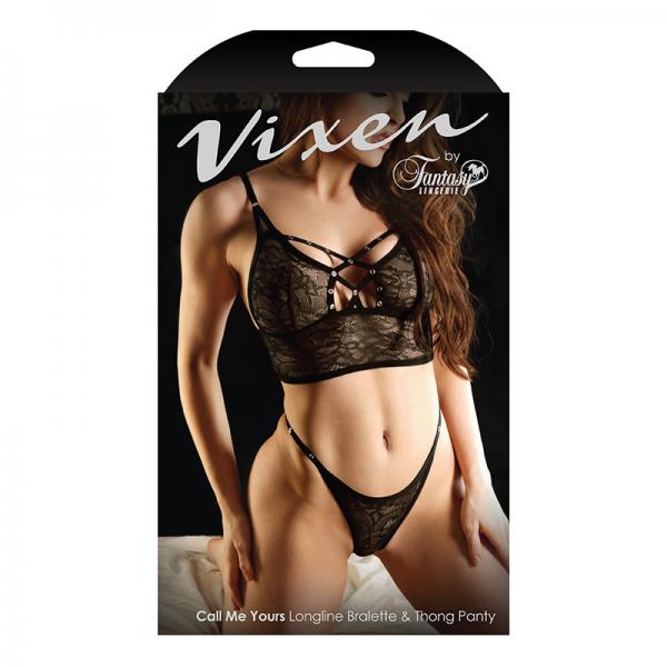 Vixen Call Me Yours Longline Bralette With Grommets & Thong Panty Black O/s