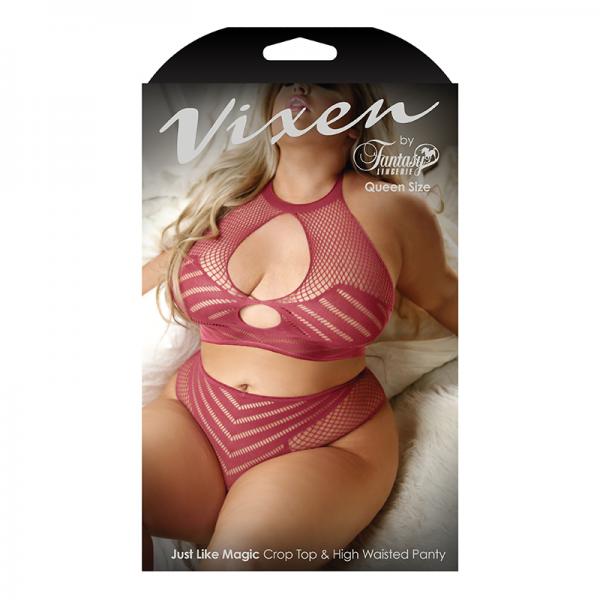 Vixen Just Like Magic 2-piece Net Crop Top & High-waisted Panty Cranberry Queen