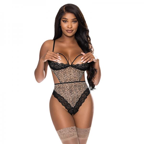 Magic Silk Purrrfect Half Cup Teddy With Split Crotch Leopard S/m