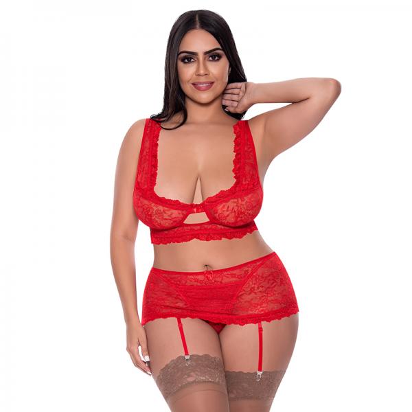 Magic Silk Ooh La Lace Bralette, Garter Skirt & G-string Set Red Queen