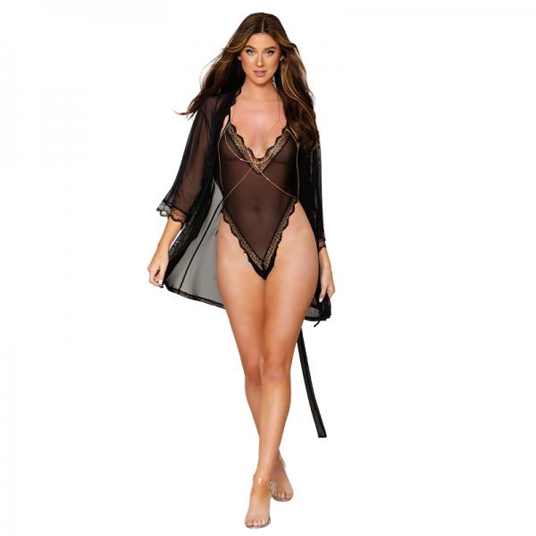 Dreamgirl Mesh Robe & Strappy Back Teddy With Lace Trim Black M Hanging