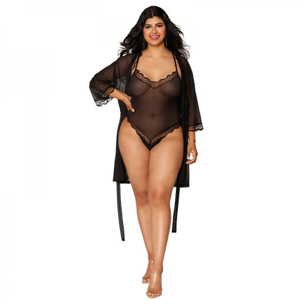 Dreamgirl Mesh Robe & Strappy Back Teddy With Lace Trim Black 1xl Hanging