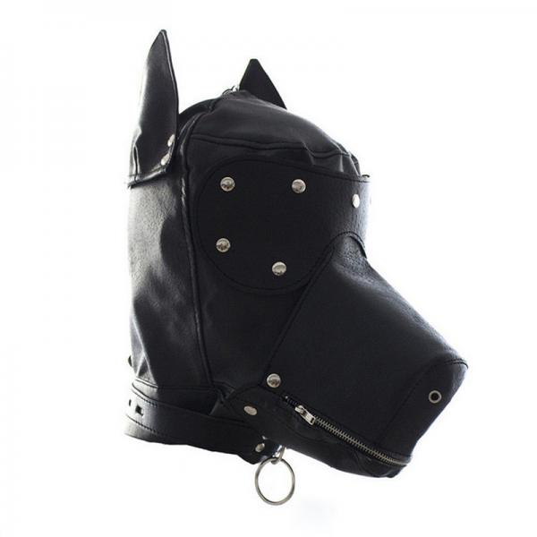 Ple'sur Locking Lace-up Faux Leather Dog Hood Mask With Zipper Mouth Black